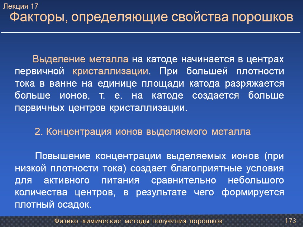 Физико-химические методы получения порошков 173 Факторы, определяющие свойства порошков Выделение металла на катоде начинается